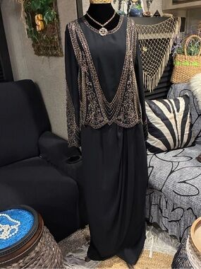 Vintage 90’s Black Gold Beaded Embellished Evening Gown